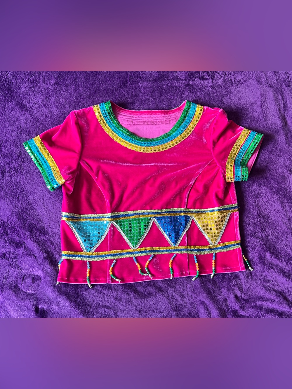 Bright Pride Pink Velvet sequin Trim Costume Top with Rainbow Accents Size M